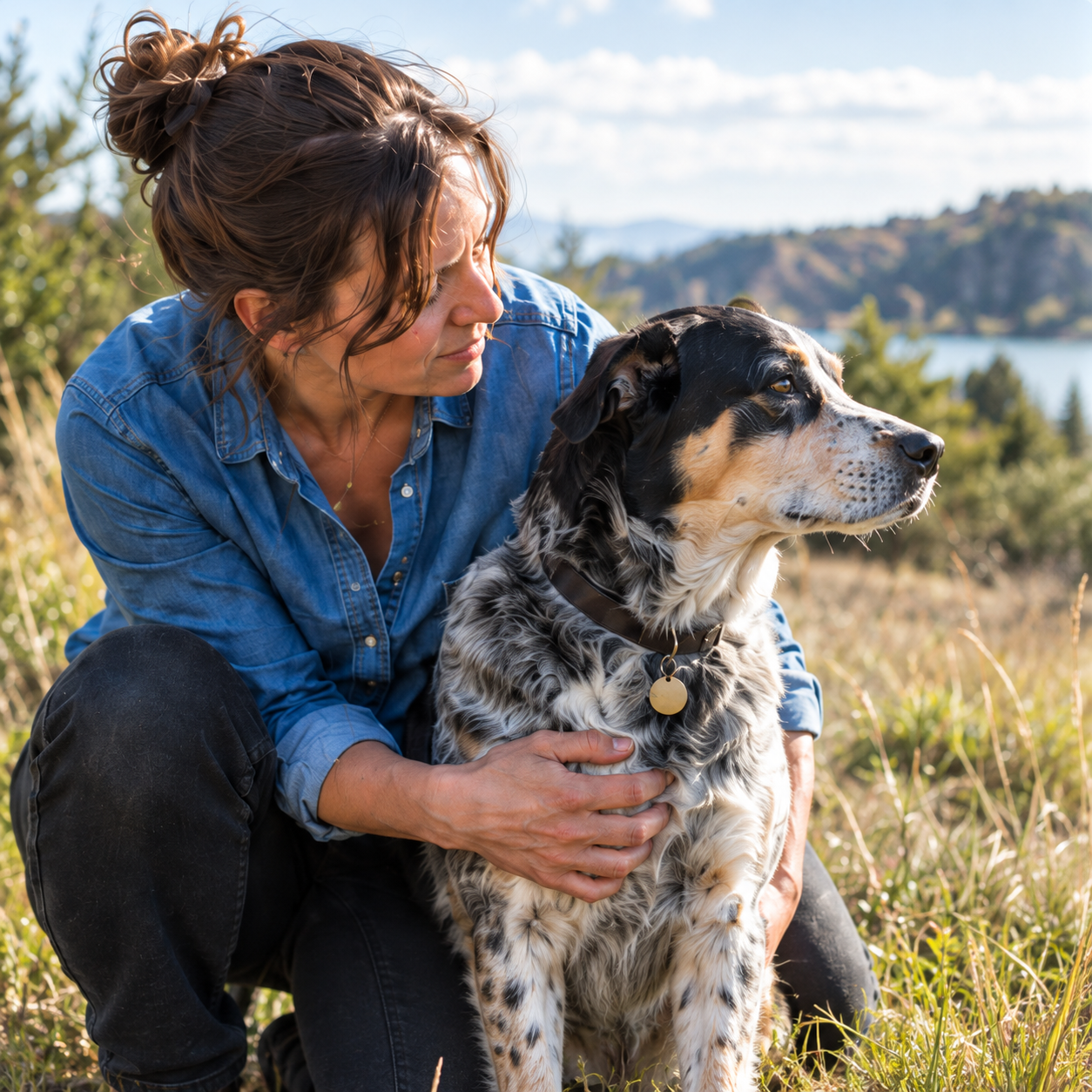 Dog owner kneeling in a sunny field, hugging her happy dog