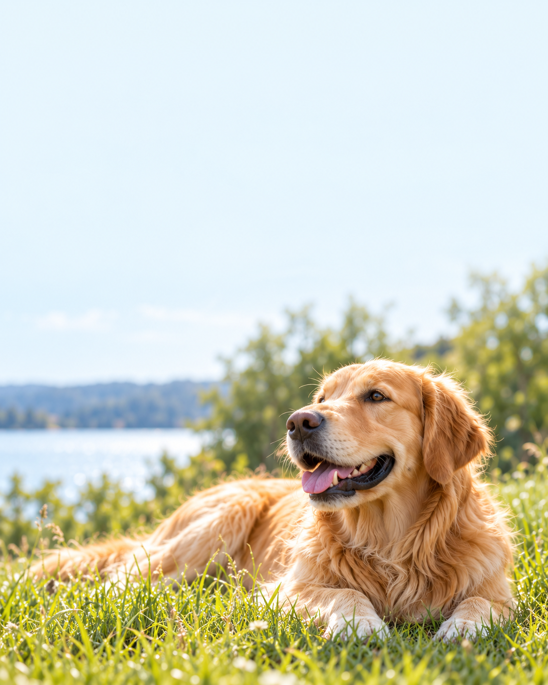 Golden retriever lying happily in the grass by a lake