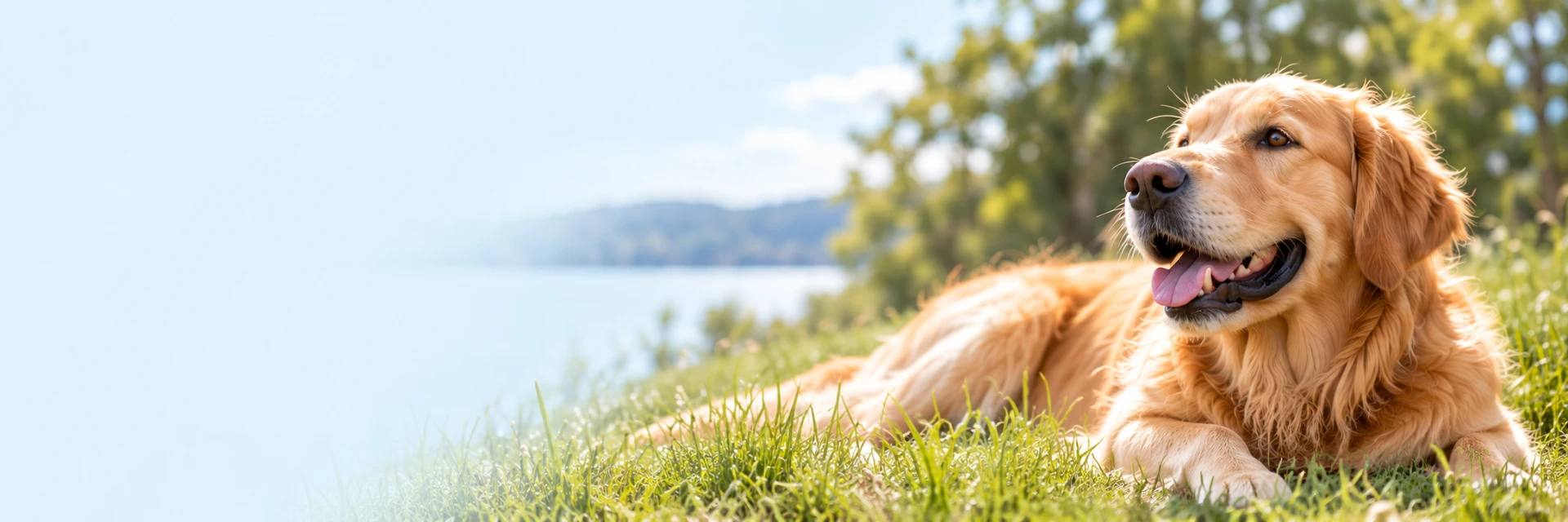 Golden retriever lying happily in the grass by a lake