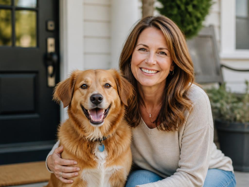 Happy dog owner with her golden retriever